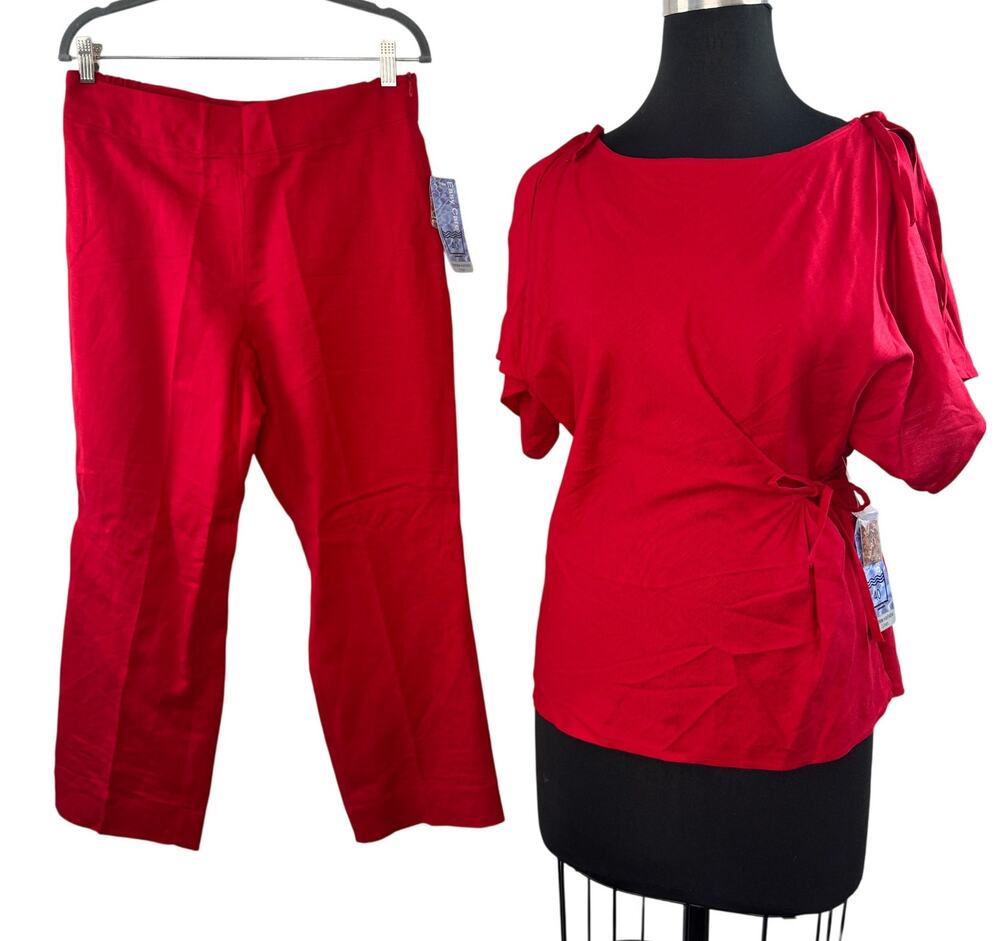 Don's Collection Red Suit Set Linen Blend Ruched Boat Neck Casual L Large NEW